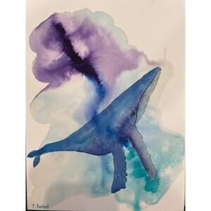 Hand painted watercolor original painting whale underwater